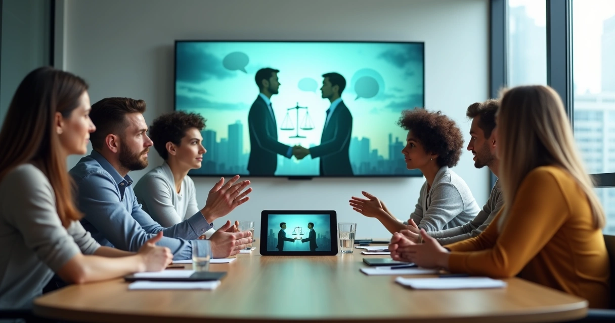 Mesa redonda com pessoas debatendo de forma respeitosa em ambiente moderno 