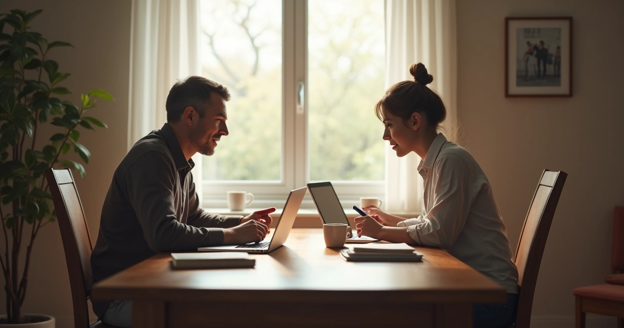 Duas pessoas debatendo respeitosamente em uma mesa com computadores, livros e celulares ao redor.