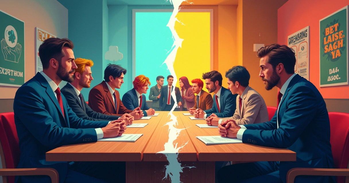 Painel dividido mostrando grupos opostos debatendo em ambientes distintos 