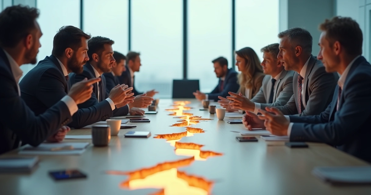 Personas en debate social polarizado separadas por una grieta luminosa 