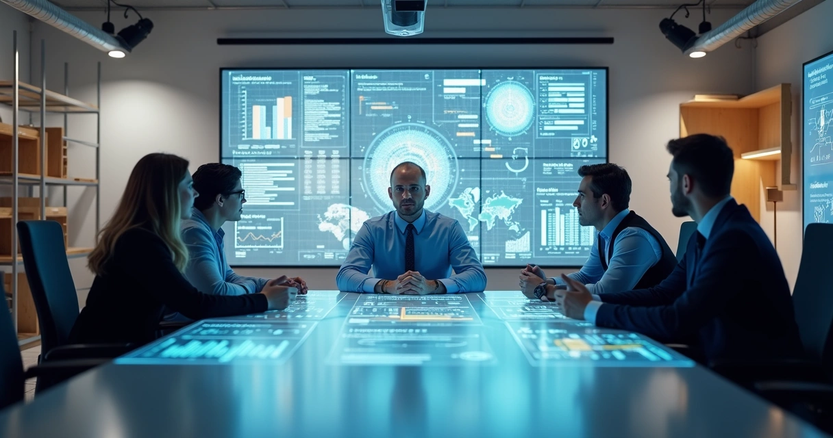 Engenheiros e especialistas da construção civil discutindo em frente a telas digitais com gráficos e dados técnicos 