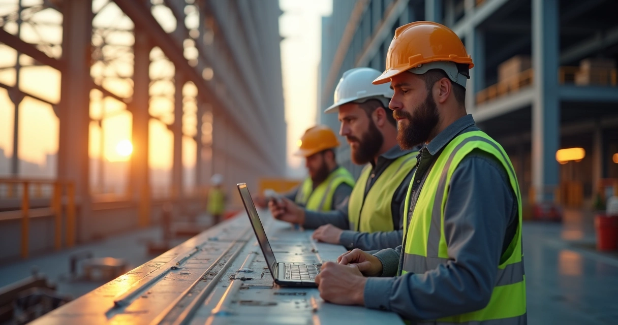 Profissionais da construção civil em reunião com dispositivos digitais mostrando fluxos de trabalho e documentos técnicos 