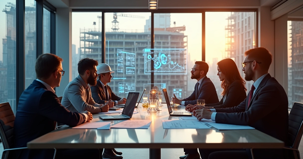 Profissionais da construção civil discutindo projetos com telas digitais e gráficos técnicos ao fundo 