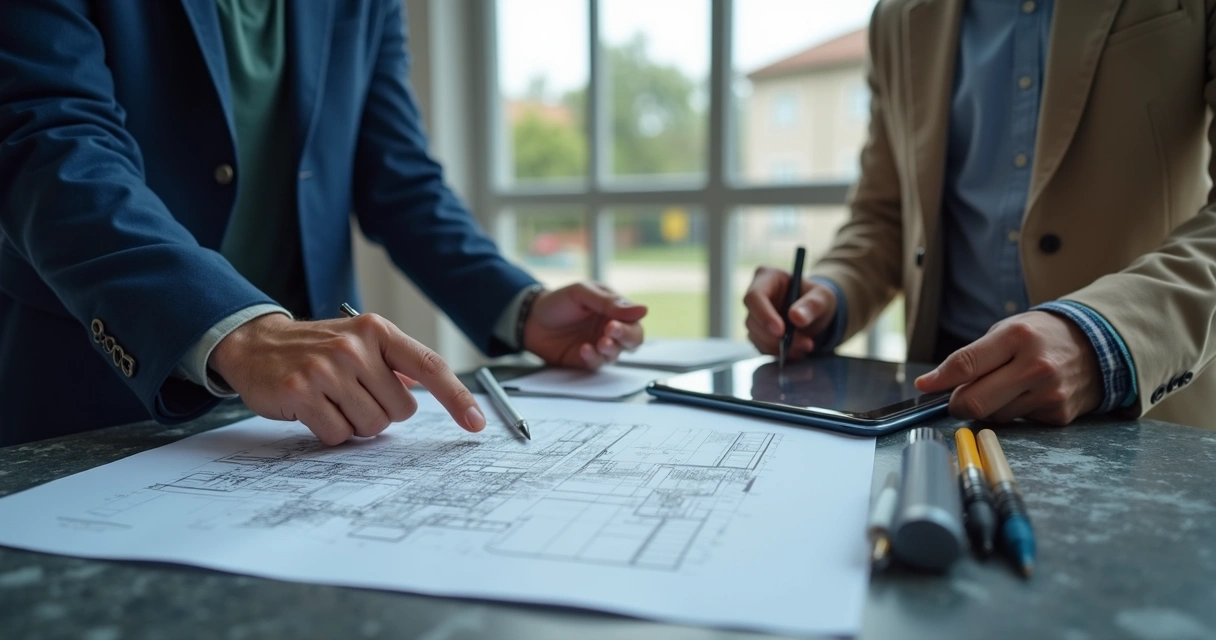 Profissionais da construção civil discutindo planos em canteiro de obras com uso de inteligência artificial em tablet 