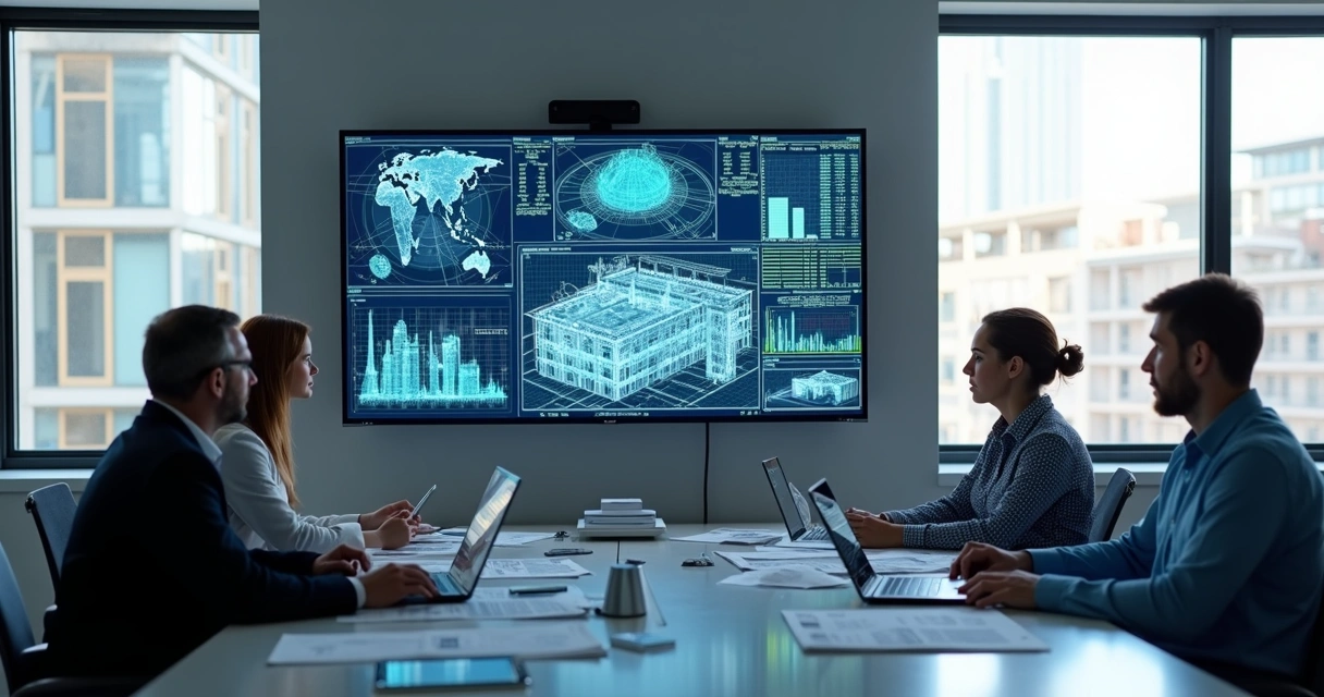 Engenheiros em reunião técnica analisando dados de inteligência artificial em obra, com telas digitais e documentos à mesa