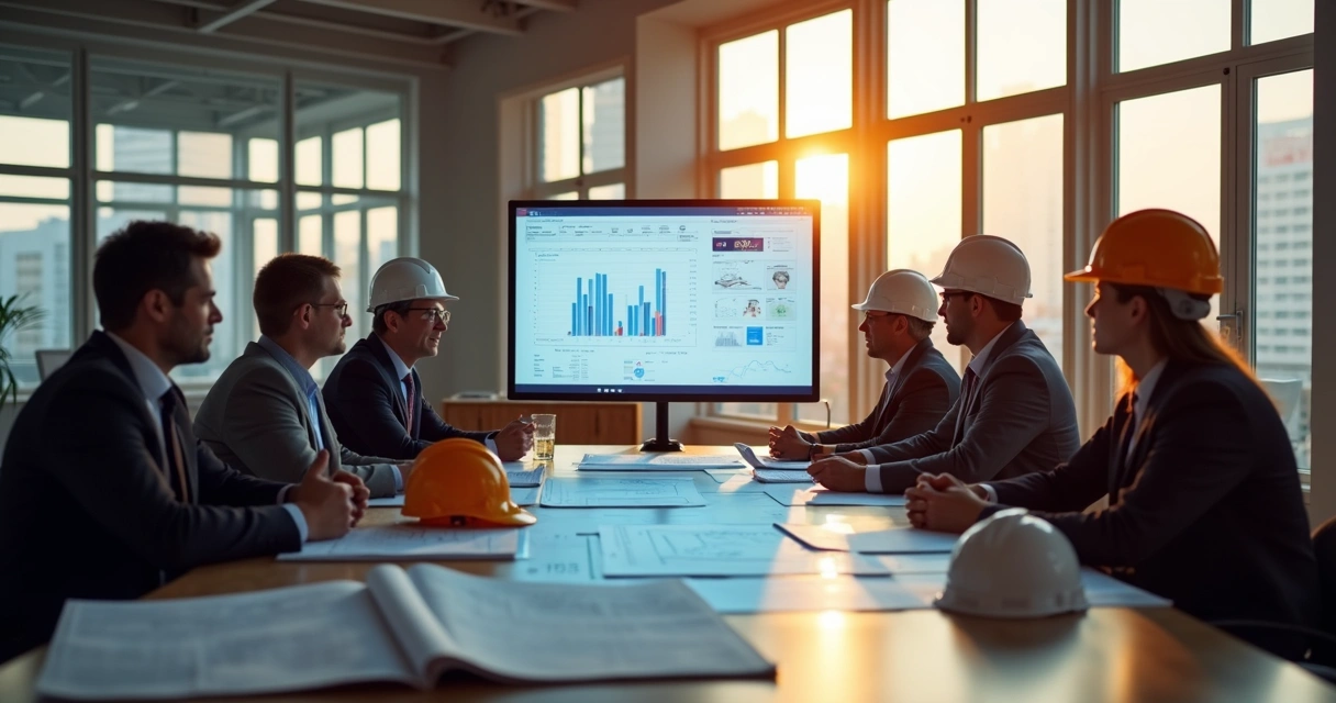 Equipe técnica em reunião multidisciplinar usando plataforma digital para debate e tomada de decisão 