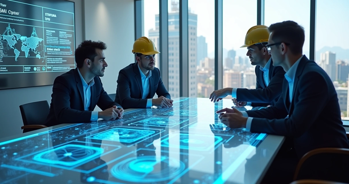 Profissionais da construção civil discutindo com colaboração de IA em tela digital 