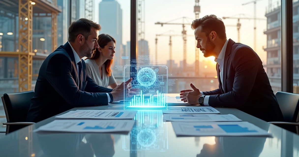 Profissionais da construção civil discutindo em sala moderna com gráficos digitais flutuantes, comparando inteligência artificial e consultorias tradicionais para obras complexas 