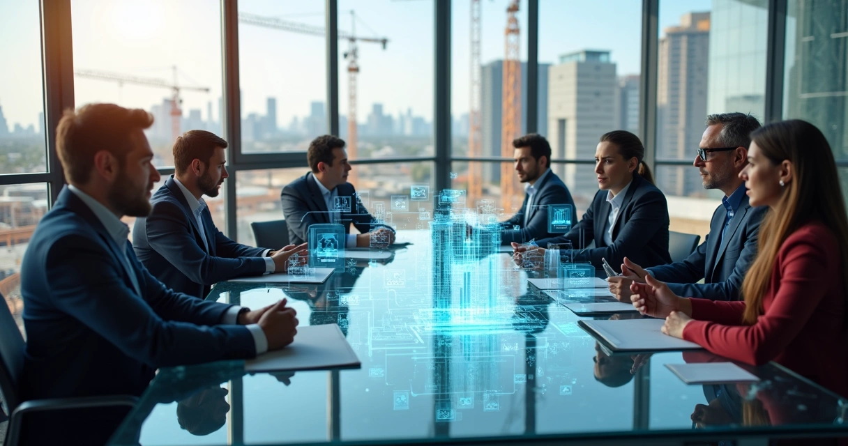 Profissionais da construção civil em reunião digital com inteligência artificial, telas mostrando gráficos e planejamento detalhado 