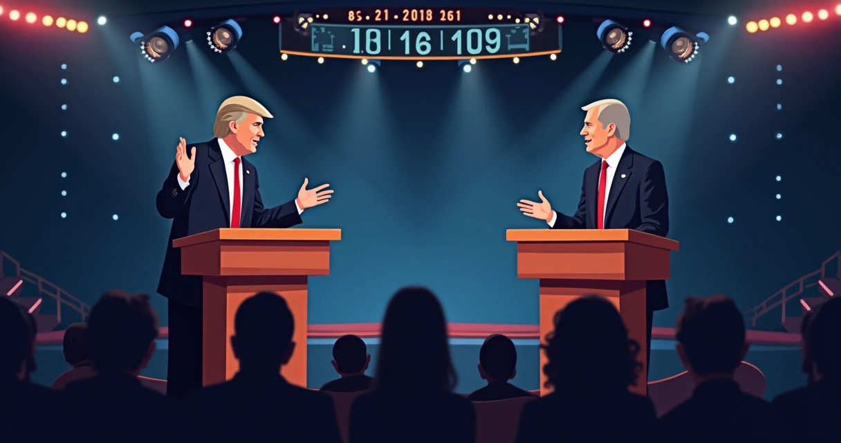 Dois candidatos em debate presidencial, olhando um para o outro em um palco iluminado 