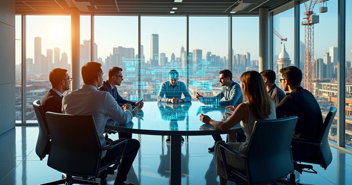 Profissionais da construção civil em reunião com telas digitais exibindo dados e gráficos de inteligência artificial