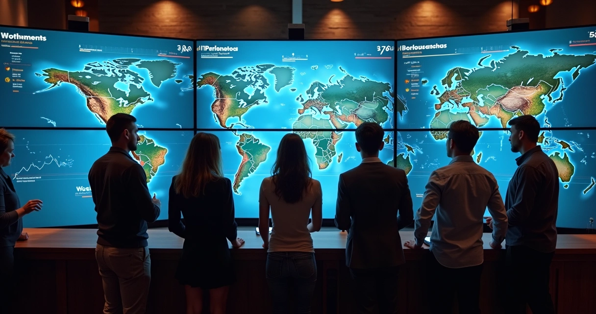 Participantes discutindo contratos de previsão em telas digitais 