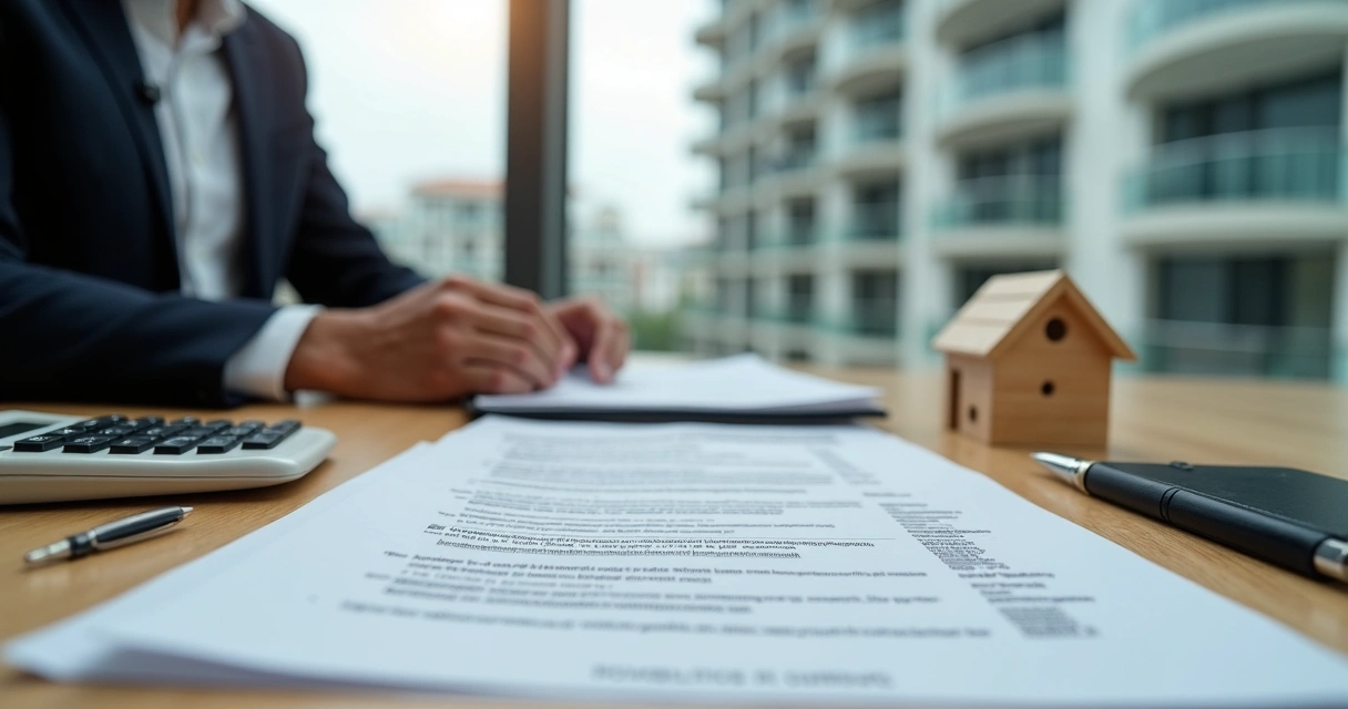 Advogado analisando cobrança de débito condominial com prédio residencial ao fundo 