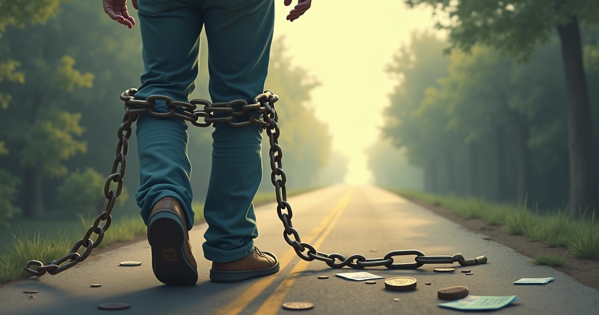 Person weighed down by heavy debt chains
