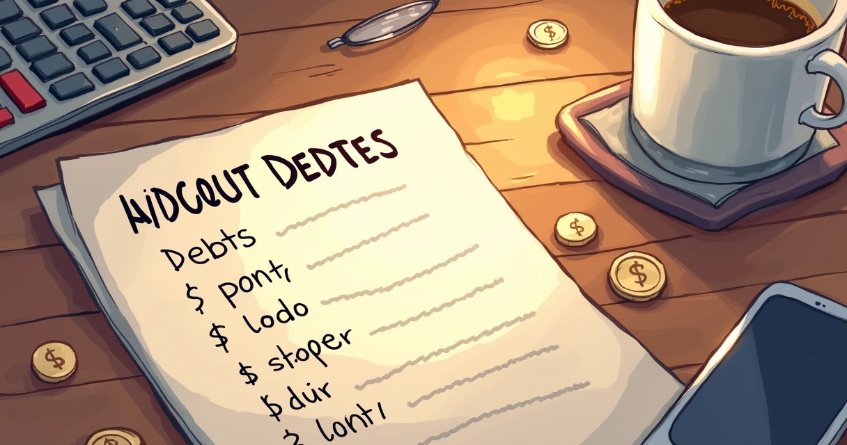 Paper list of debts, calculator, and coffee mug on a wooden desk