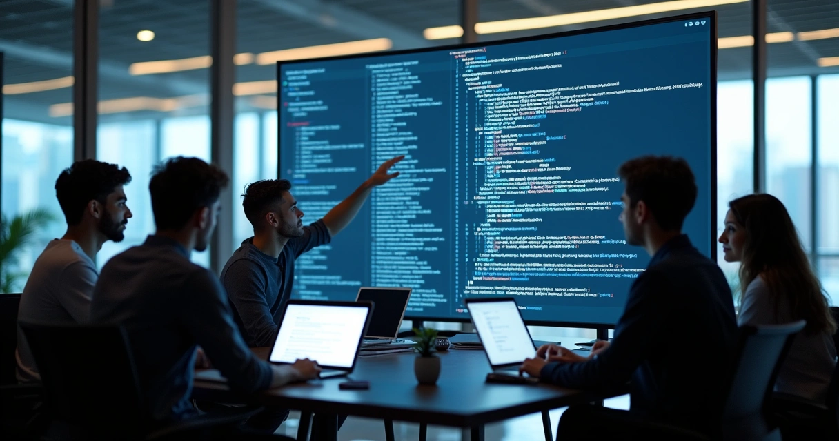 Equipe de desenvolvedores analisando bugs em código 