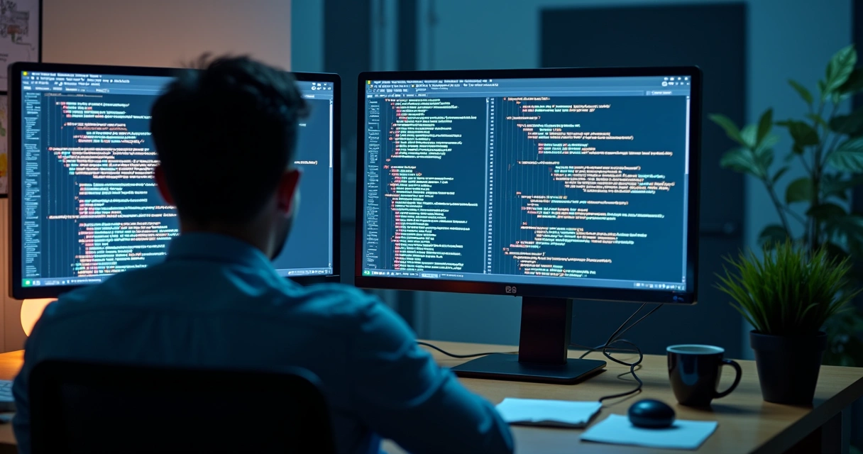 Técnico analisa tela de computador com logs de IA 
