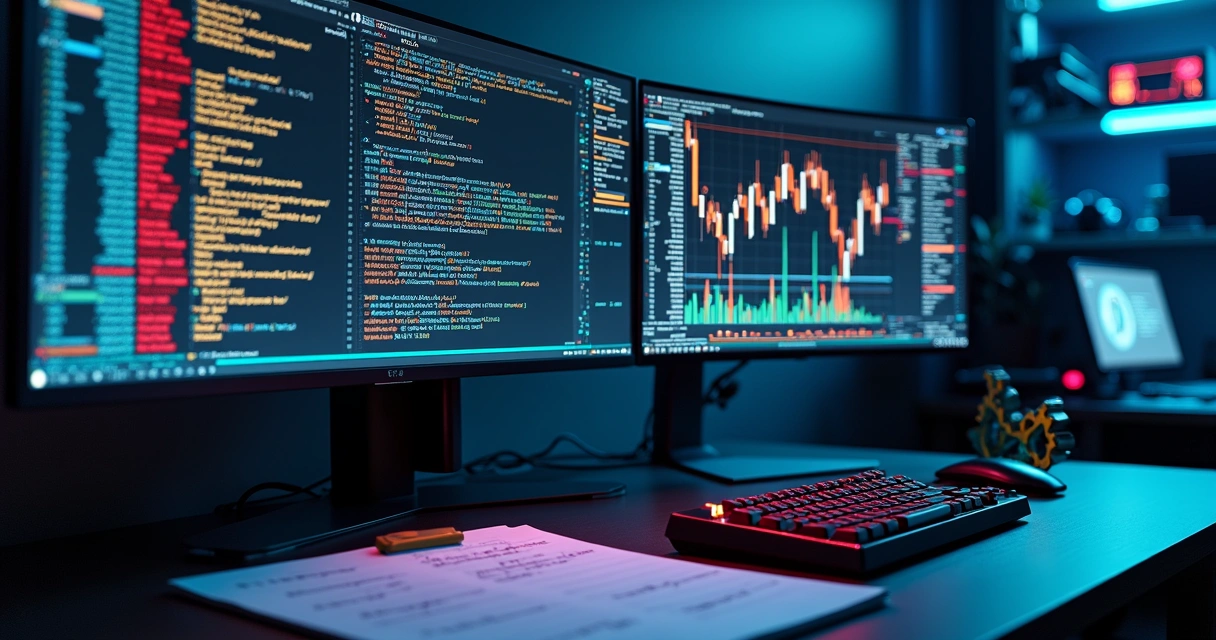 Tela de código de bot de cripto destacando erros em vermelho ao lado de gráficos digitais 