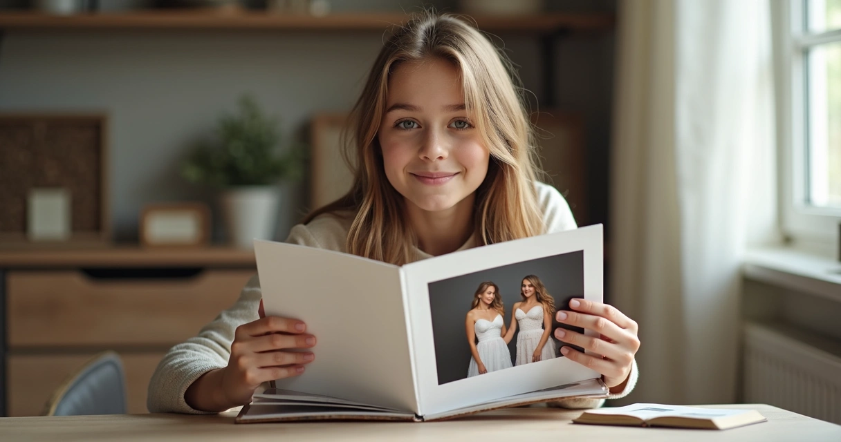 Jovem segurando álbum de fotos de debutante 