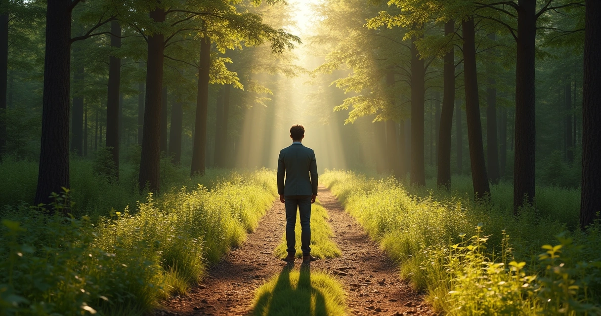 Persona parada ante división de caminos en bosque 