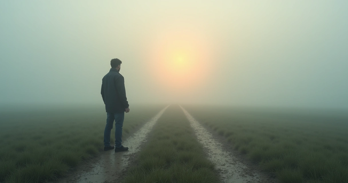 Silhouette at crossroads in foggy landscape with distant light 