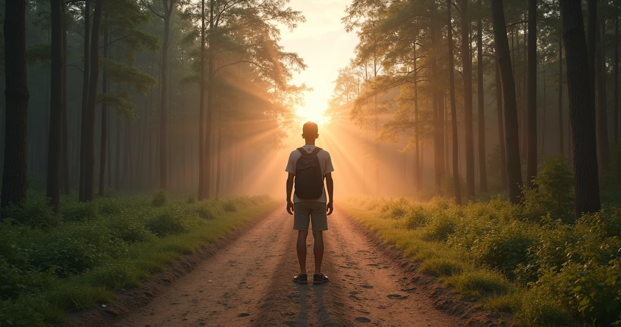 Persona eligiendo un camino en cruce de senderos al amanecer 