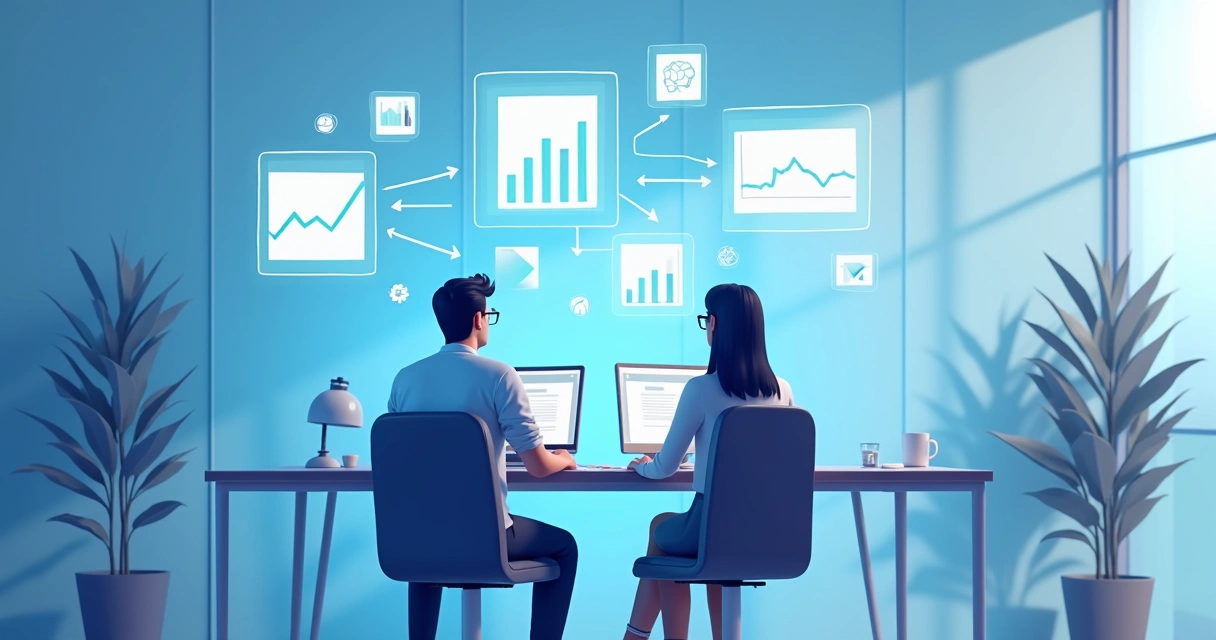 Duas pessoas analisando painéis digitais de gestão empresarial em mesa de escritório moderna 
