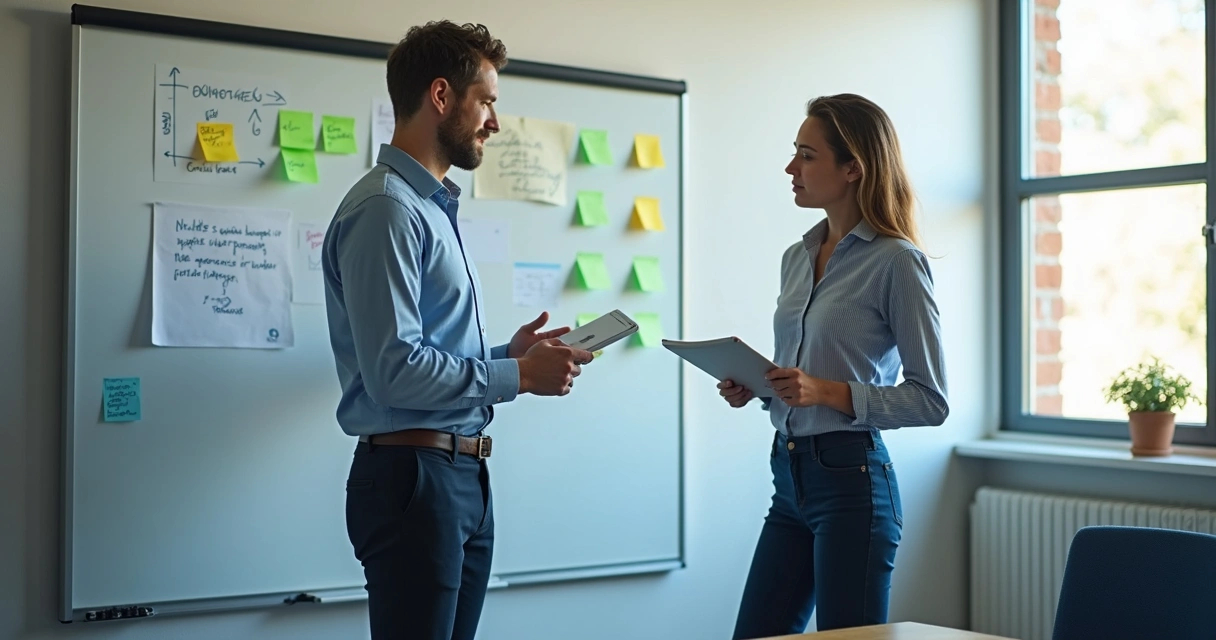 Homem e mulher em reunião ajustando estratégias em um quadro 