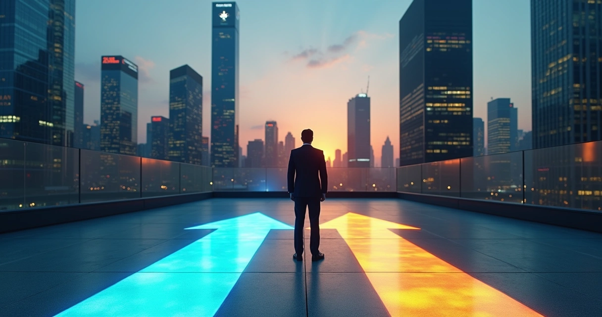 Executivo em pé diante de encruzilhada em cenário corporativo competitivo 