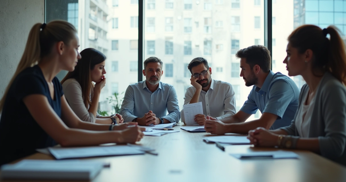 Ambiente de trabalho com pessoas visivelmente tensas em uma reunião 