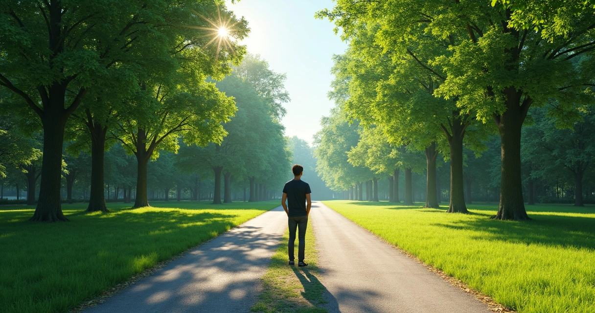 Pessoa de pé diante de duas estradas divergentes, árvores verdes e céu claro ao fundo 