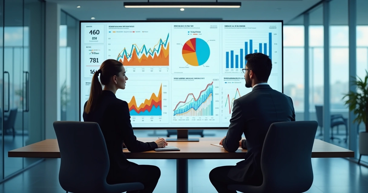 Executivos analisando gráficos de desempenho em telas digitais em uma sala de reuniões 