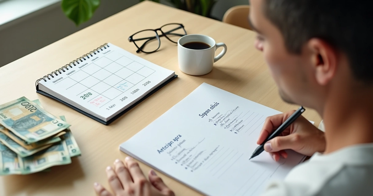 Pessoa brasileira avaliando decisão financeira com cédulas e calendário sobre a mesa 