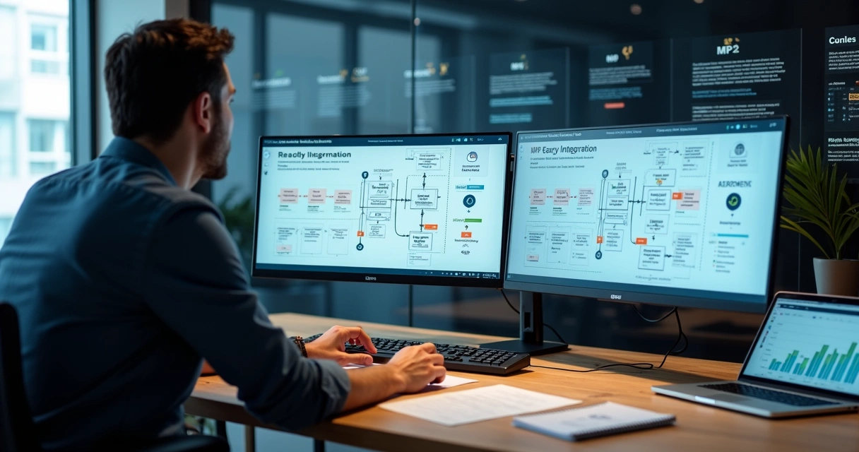 Fundador de startup analisando comparação entre API própria e integração pronta em tela grande 