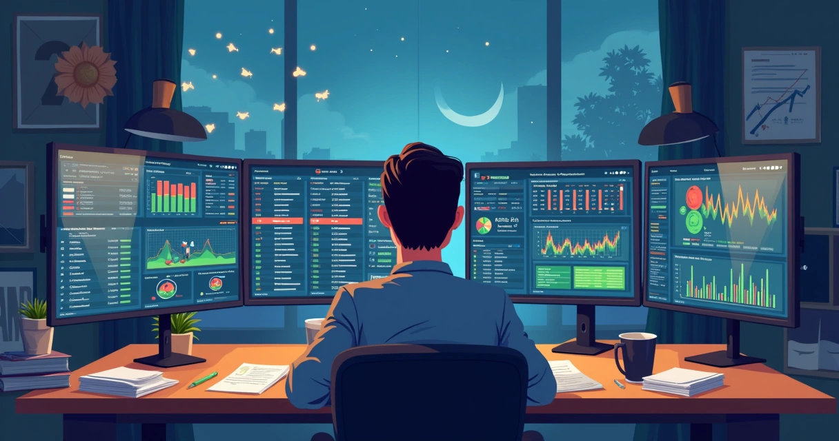 Pessoa olhando para várias telas com informações esportivas e gráficos de apostas, expressão pensativa