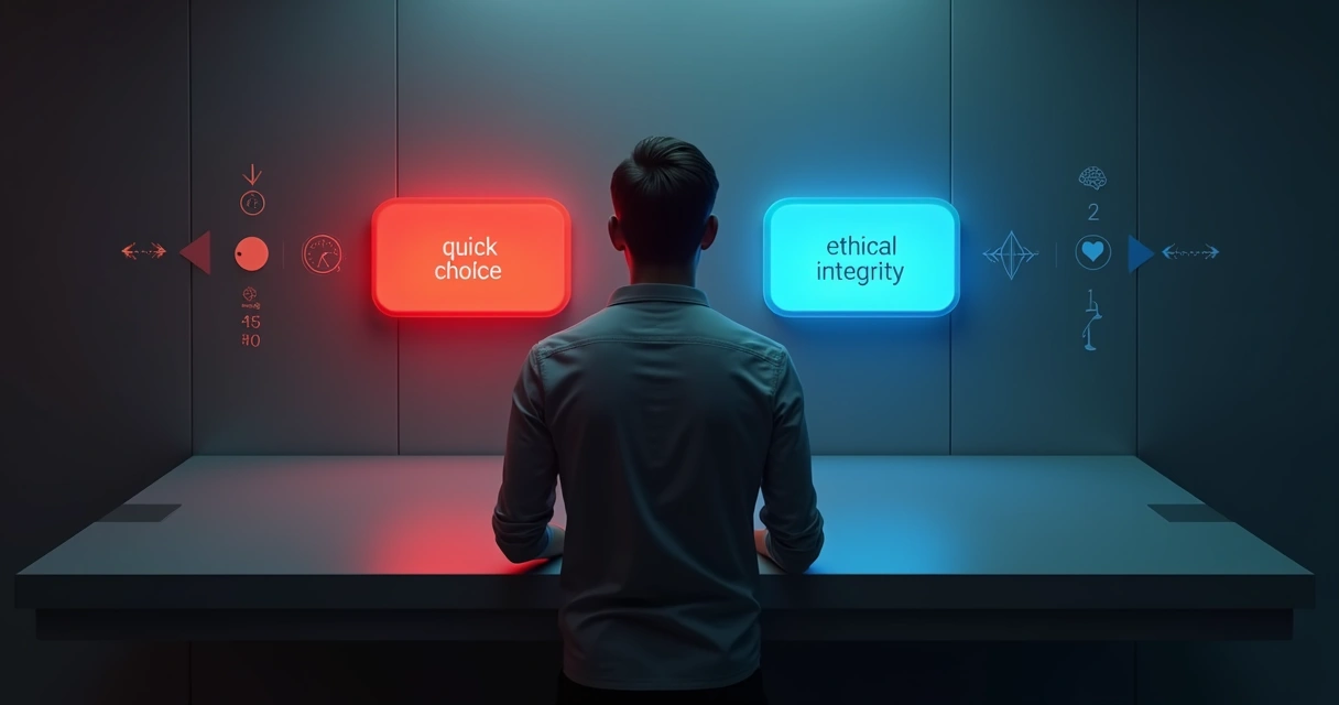 Pessoa dividida entre apertar rapidamente um botão vermelho e refletir diante de um botão azul 