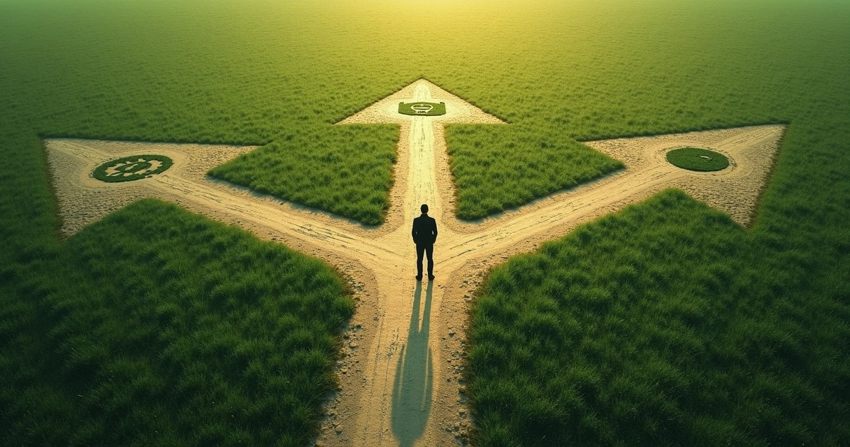 Pessoa parada diante de vários caminhos diferentes vistos de cima. 