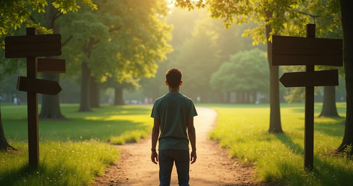 Pessoa em pé diante de duas trilhas distintas em um parque 
