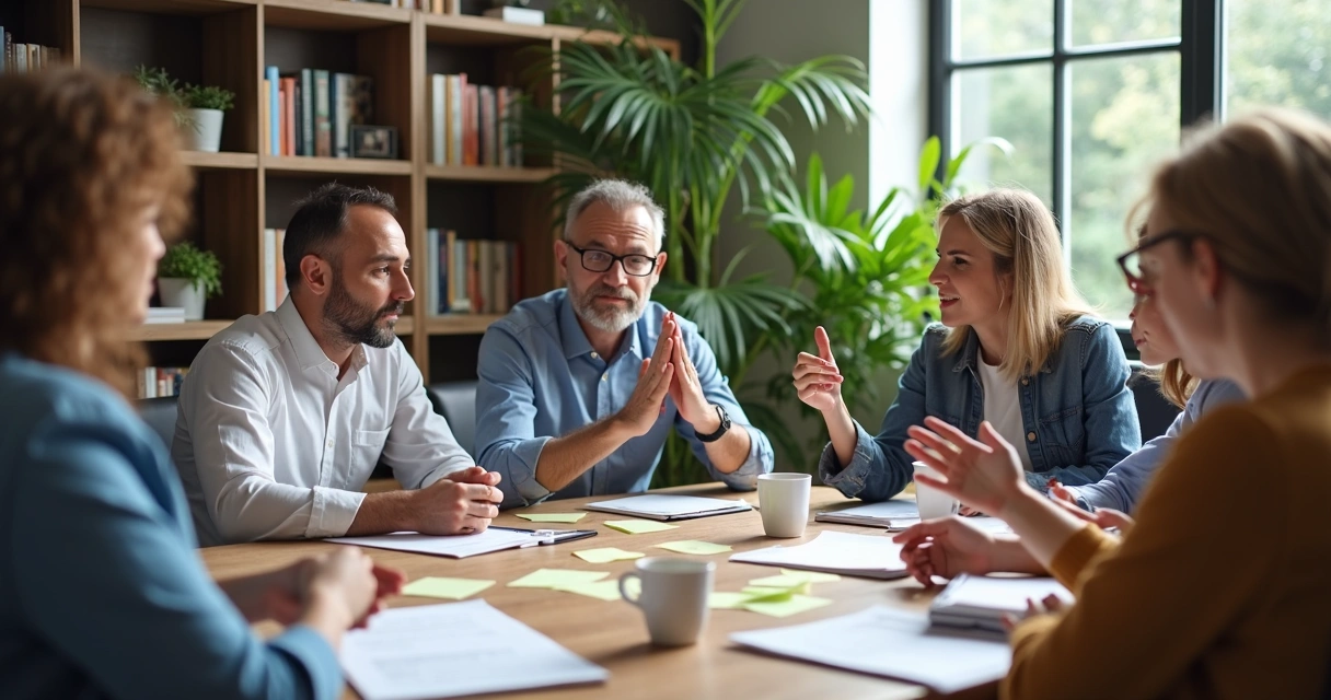 Pessoas em reunião trocando ideias sinceras em ambiente acolhedor. 
