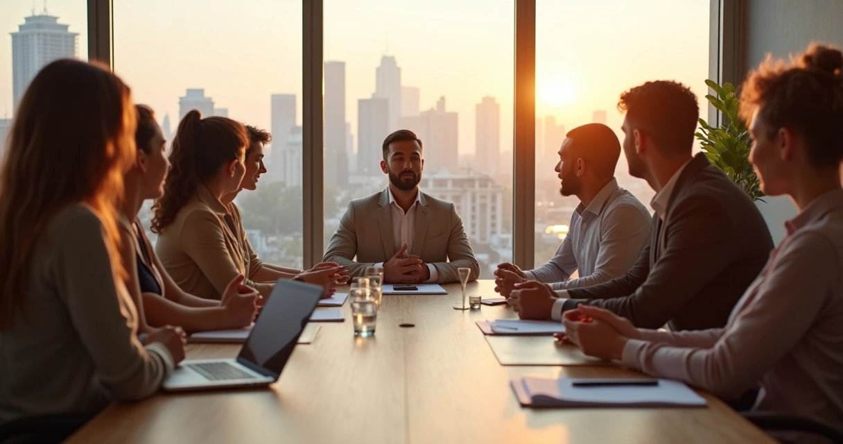 Pessoa em mesa de reunião tomando decisão alinhada com seus valores enquanto grupo observa 