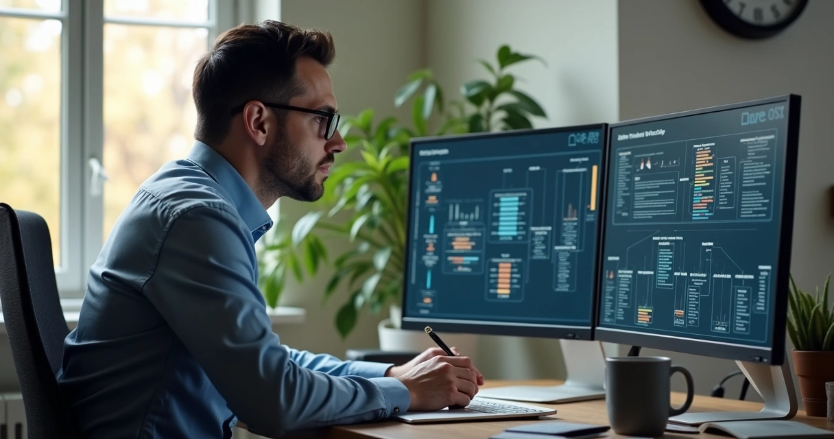 Líder avaliando opções decisionais em tela no home office 