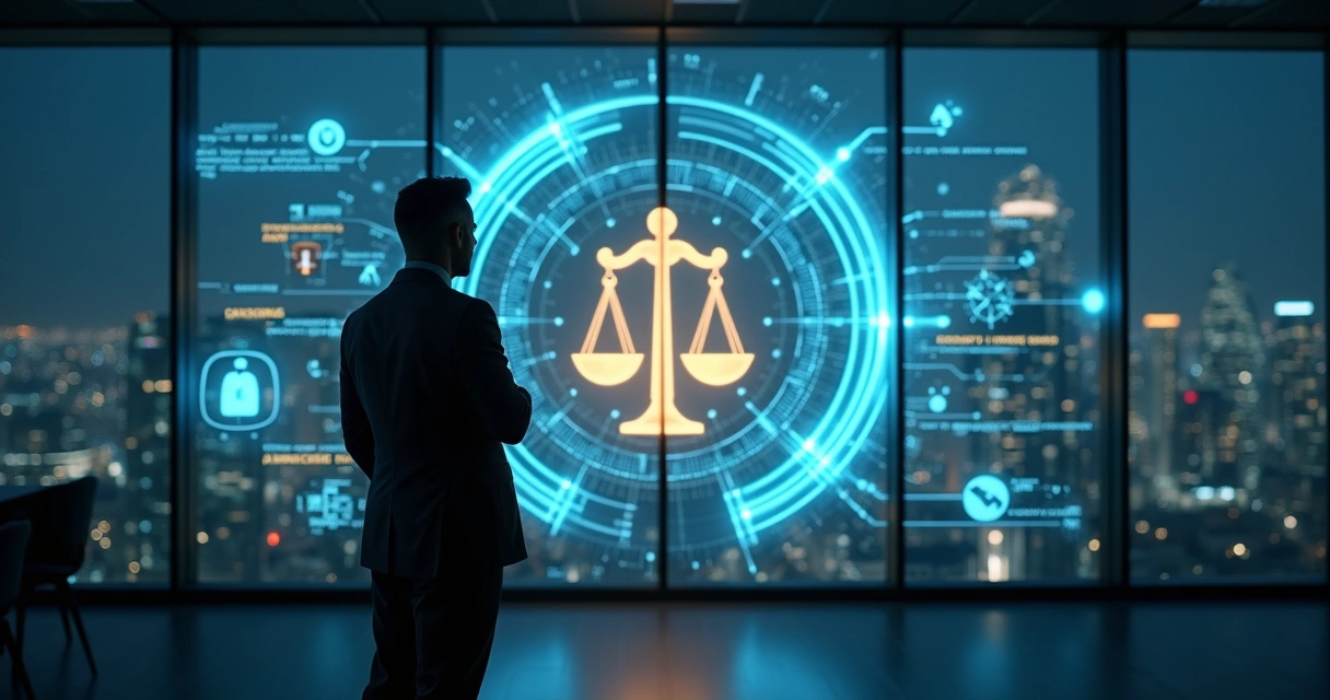 Executivo diante de painel digital com algoritmos e balança de justiça 