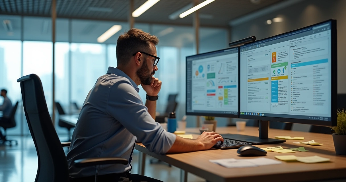 Empresário avaliando painel de automação com tarefas manuais e de IA 