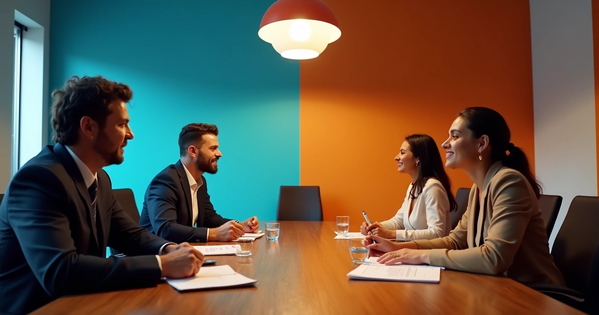 Mesa de reunião empresarial com documentos e notebooks de um lado e consumidor em loja escolhendo produto do outro 