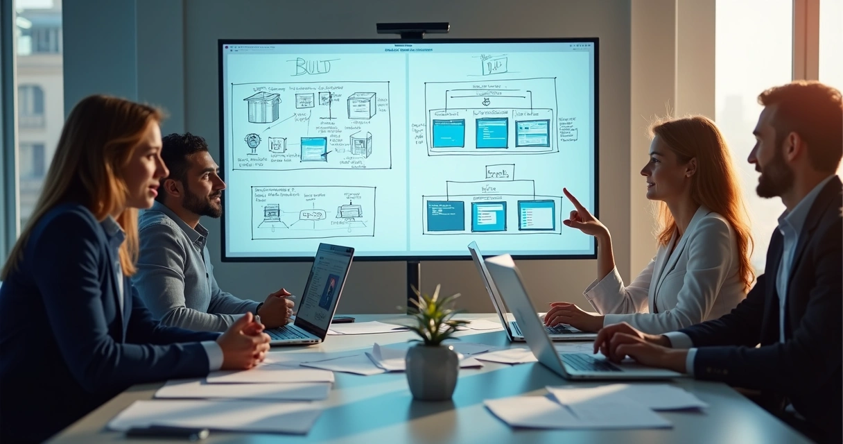 Equipe reunida ao redor de uma mesa decidindo entre construir ou comprar software 