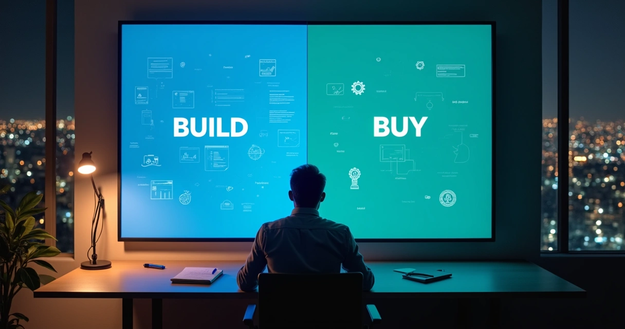Fundador de startup avaliando opções de build vs buy em painel digital dividido ao meio 
