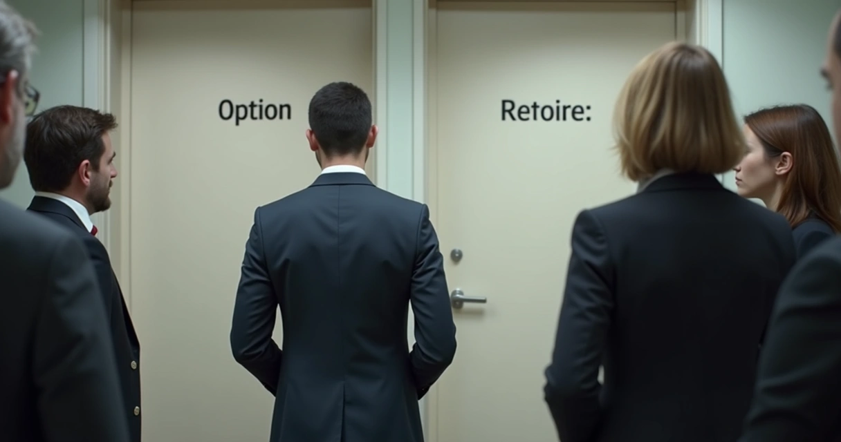 Pessoa diante de duas portas, olhando para trás em busca de aprovação 