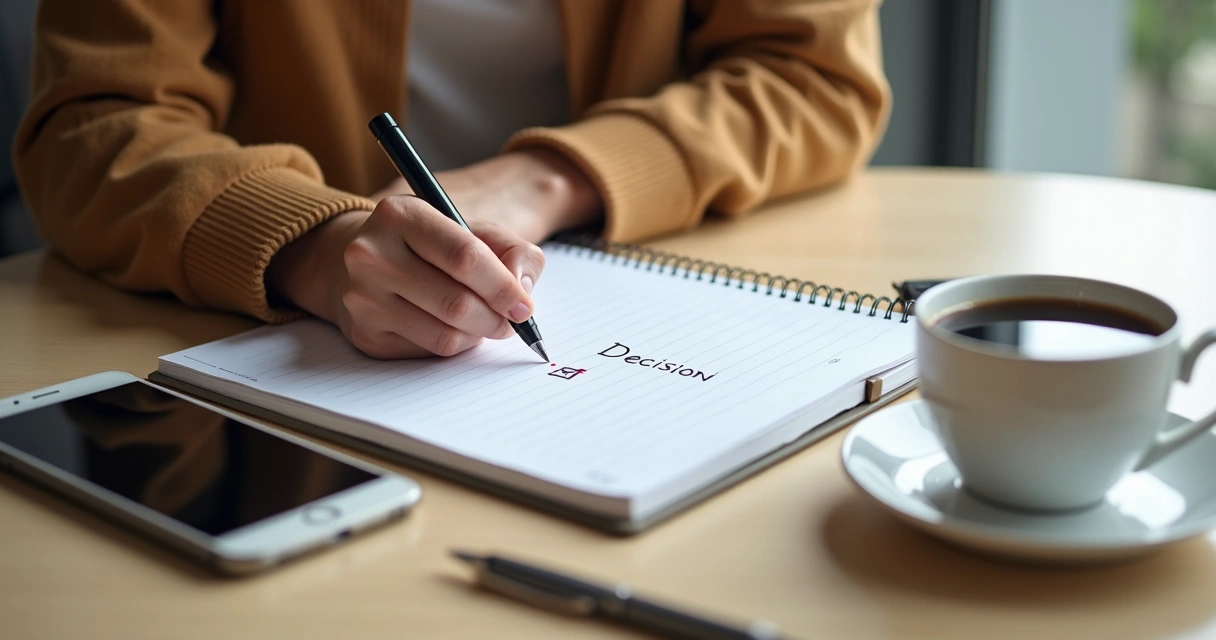 Pessoa escrevendo decisões em caderno ao lado de café 