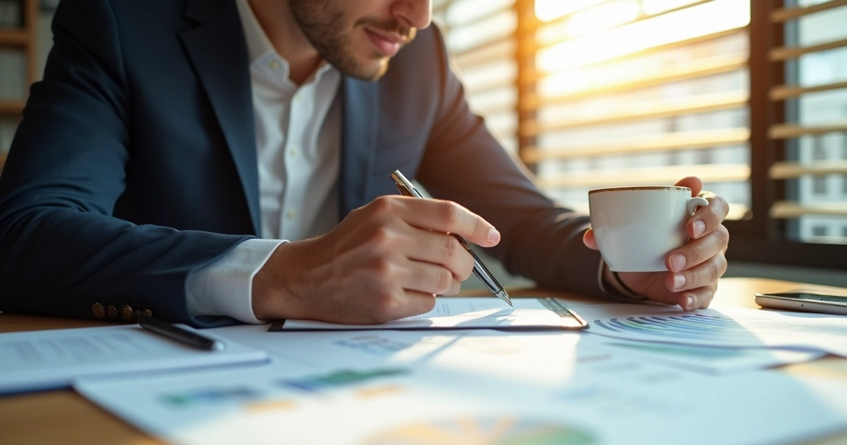 Pessoa segurando uma xícara de café, olhando calmamente para relatórios em ambiente de escritório 