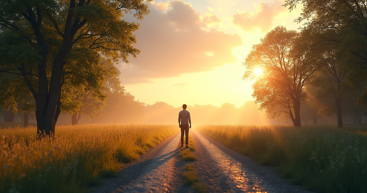Pessoa parada diante de dois caminhos, com luz diferente em cada um 
